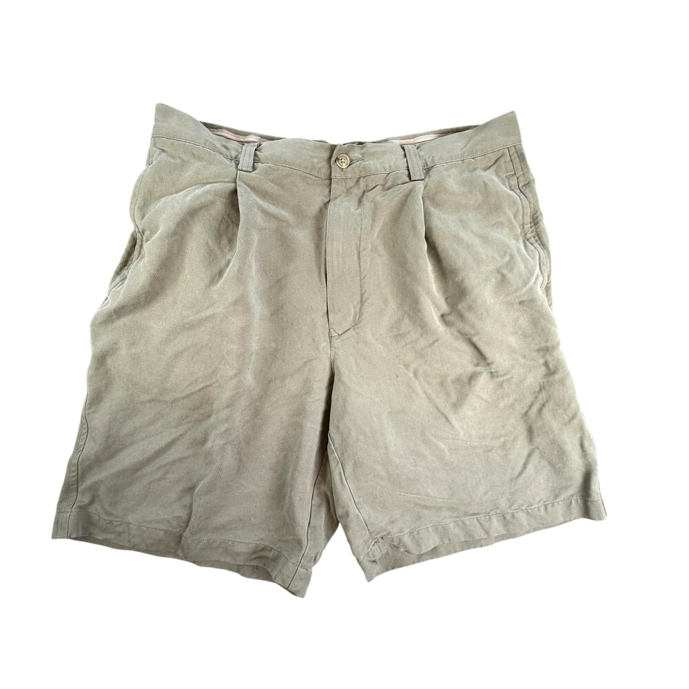 Tommy Bahama Shorts Mens 33x8 Green 100% Silk Pleated Chino Casual Summer